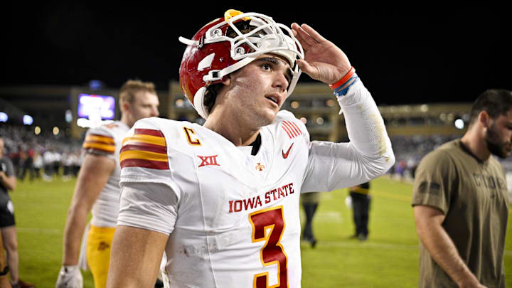 Iowa State Cyclones quarterback Rocco Becht walks off the field after the Cyclones defeat the TCU Horned Frogs at Amon G. Carter Stadium.