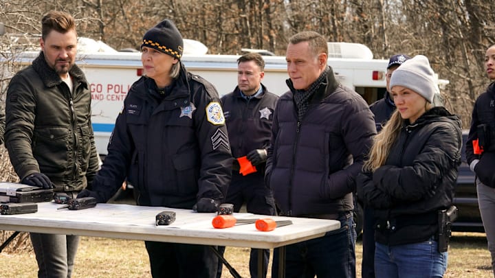 CHICAGO P.D. -- "Memory" Episode 920 -- Pictured: (l-r) Patrick John Flueger as Adam Ruzek, Amy Morton as Trudy Platt, Jason Beghe as Hank Voight, Tracy Spiridakos as Hailey -- (Photo by: Lori Allen/NBC)