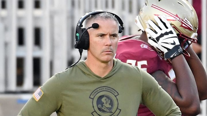 Nov 2, 2024; Tallahassee, Florida, USA; Florida State Seminoles head coach Mike Norvell looks on from the sideline after the North Carolina Tarheels score a final touchdown in the fourth quarter at Doak S. Campbell Stadium. Mandatory Credit: Robert Myers-Imagn Images Nov 2, 2024; Tallahassee, Florida, USA; Florida State Seminoles head coach Mike Norvell looks on from the sideline after the North Carolina Tarheels score a final touchdown in the fourth quarter at Doak S. Campbell Stadium. Mandatory Credit: Robert Myers-Imagn Images