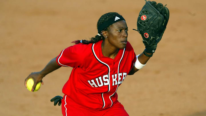 Nebraska pitcher Peaches James. Nebraska pitcher Peaches James.