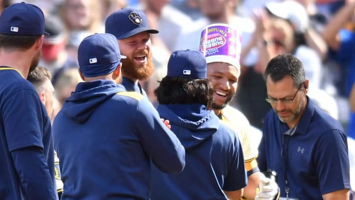 Jul 9, 2025; Milwaukee, Wisconsin, USA; The Milwaukee Brewers celebrate a walk-off single by center fielder Jackson Chourio during the tenth inning against the Los Angeles Dodgers at American Family Field. Mandatory Credit: Patrick Gorski-Imagn Images