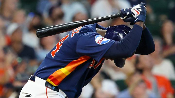 Aug 2, 2026; Houston, Texas, USA; Houston Astros left fielder Yordan Alvarez (44) reacts after popping out against the Texas Rangers  in the sixth inning at Daikin Park. Mandatory Credit: Thomas Shea-Imagn Images