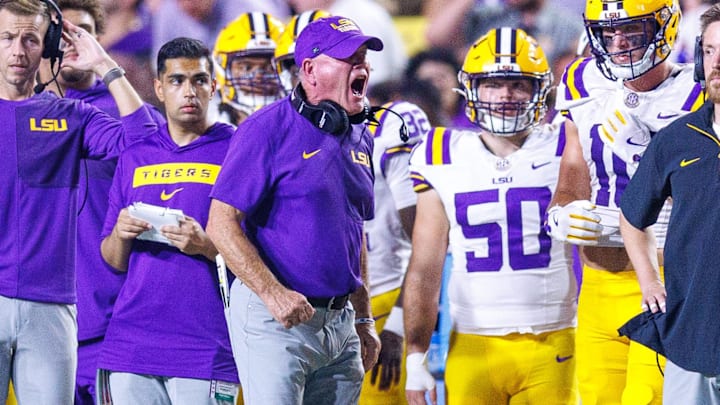 Sep 6, 2025; Baton Rouge, Louisiana, USA; LSU Tigers head coach Brian Kelly reacts to a play against Louisiana Tech Bulldogs during the second half against Louisiana Tech Bulldogs at Tiger Stadium. Mandatory Credit: Stephen Lew-Imagn Images Sep 6, 2025; Baton Rouge, Louisiana, USA; LSU Tigers head coach Brian Kelly reacts to a play against Louisiana Tech Bulldogs during the second half against Louisiana Tech Bulldogs at Tiger Stadium. Mandatory Credit: Stephen Lew-Imagn Images