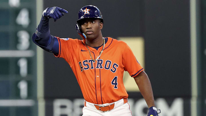 Astros left fielder Jesus Sanchez reacts to a double against the Los Angeles Angels in the second inning at Daikin Park.