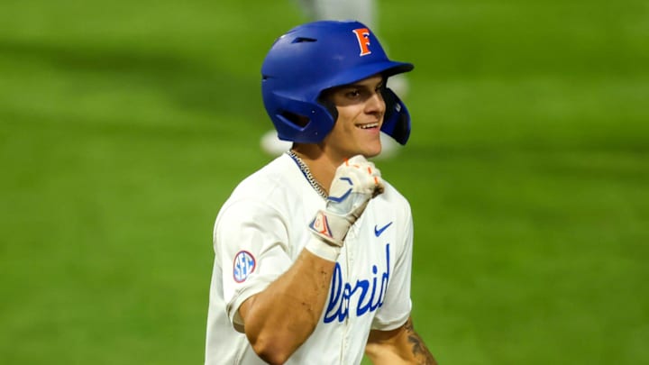 Florida outfielder Kyle Jones (3) celebrates the winning run during an NCAA baseball game at Condron Ballpark in Gainesville, FL on Friday, March 13, 2026. Florida beat South Carolina 1-0 in the 10th. [Alan Youngblood/Gainesville Sun]