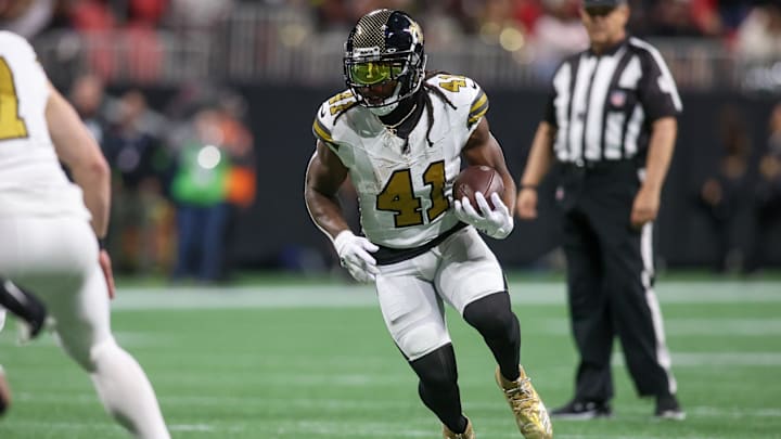 Nov 26, 2023; Atlanta, Georgia, USA; New Orleans Saints running back Alvin Kamara (41) runs the ball