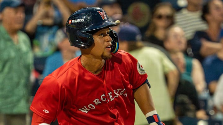 Worcester’s Kristian Campbell watches his two-run home run in the fifth inning against Lehigh Valley July 29 at Polar Park.