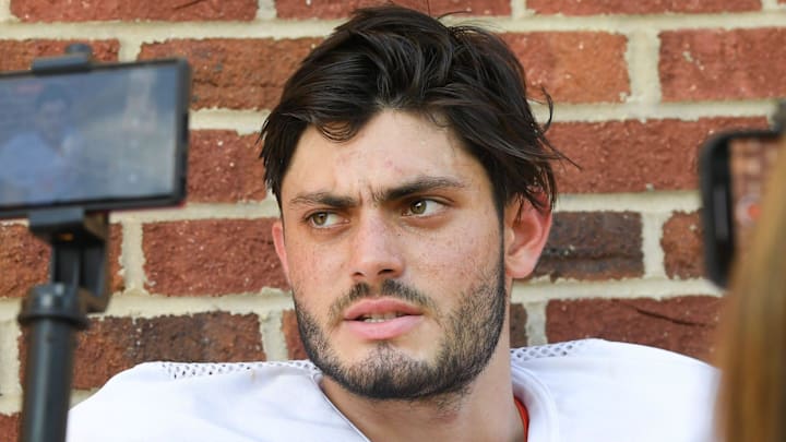Clemson wide receiver Troy Stellato (10) talks with media after Clemson football practice at Jervey Meadows in Clemson, S.C. Wednesday August 7, 2024. Clemson wide receiver Troy Stellato (10) talks with media after Clemson football practice at Jervey Meadows in Clemson, S.C. Wednesday August 7, 2024.