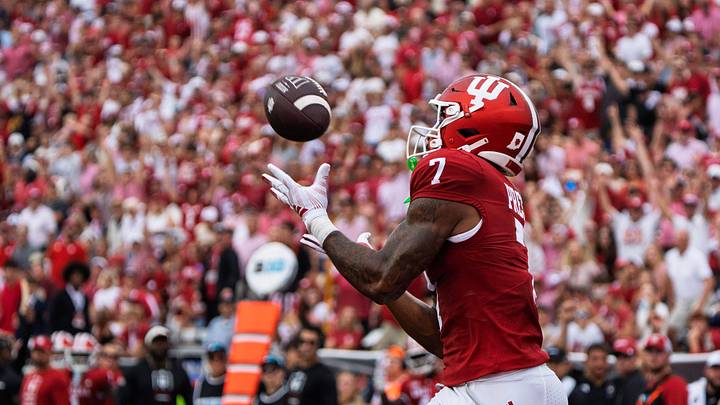 Indiana's Shazz Preston (7) catches a touchdown during the Indiana versus Howard football game at Memorial Stadium on Saturday, Sept. 12, 2026.