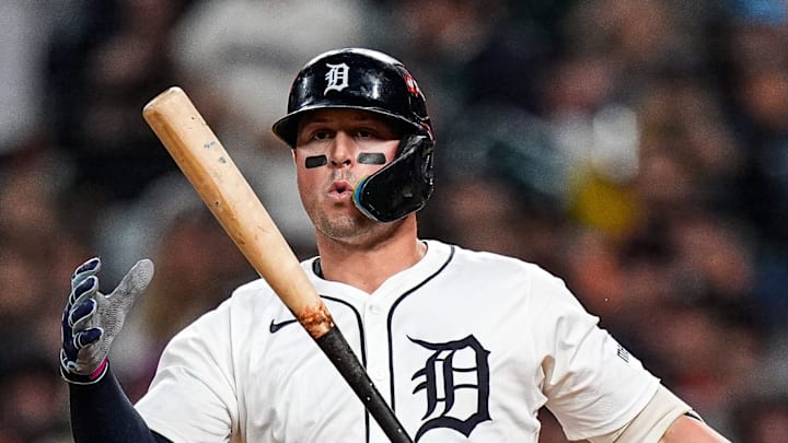 Detroit Tigers first base Spencer Torkelson (20) reacts after striking out against Mariners during the sixth inning of ALDS Game 3 at Comerica Park in Detroit on Tuesday, Oct. 7, 2025.