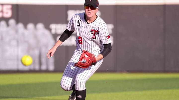 Texas Tech's Hailey Toney eyes a chopper against Tarleton State during a non-conference softball game, Tuesday, April 28, 2026, at Tracy Sellers Field.