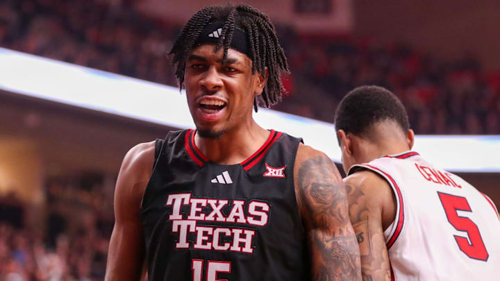 Texas Tech's JT Toppin reacts to drawing a foul on a basket against Houston during a Big 12 Conference men's basketball game, Saturday, Jan. 24, 2026, in United Supermarkets Arena.