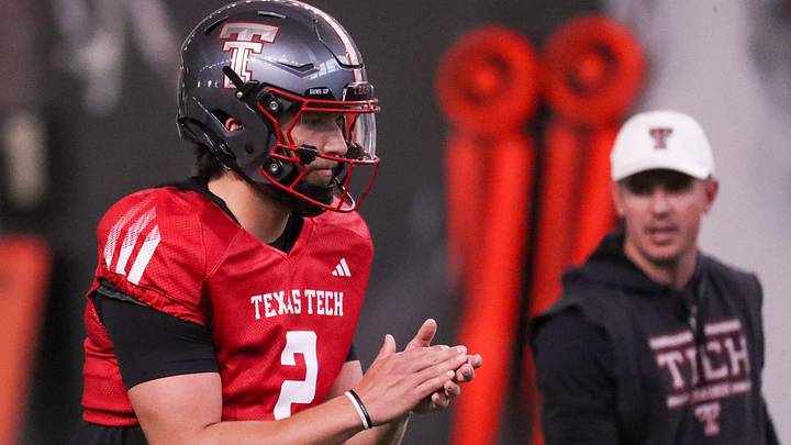 Texas Tech's Brendan Sorsby goes through a drill as offensive coordinator Mack Leftwich looks on during spring football practice, Tuesday, March 24, 2026, at the Womble Football Center.