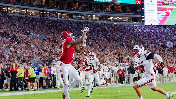 Alabama wide receiver Ryan Coleman-Williams catches the ball in the end zone for a touchdown in the first half of the game against South Carolina on Sept 26, 2026.