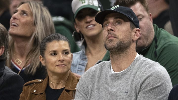 Danica Patrick and Aaron Rodgers look on during the fourth quarter in game two of the first round of the 2019 NBA Playoffs between the Detroit Pistons and Milwaukee Bucks at Fiserv Forum. Danica Patrick and Aaron Rodgers look on during the fourth quarter in game two of the first round of the 2019 NBA Playoffs between the Detroit Pistons and Milwaukee Bucks at Fiserv Forum.