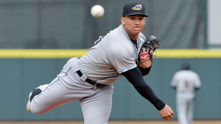 Akron RubberDucks pitcher Daniel Espino warms up between innings against the Erie SeaWolves at UPMC