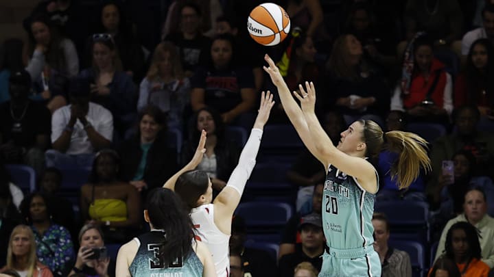 May 30, 2025; Washington, District of Columbia, USA; New York Liberty guard Sabrina Ionescu (20) shoots the ball over Washington Mystics guard Jade Melbourne (5) in the second half at CareFirst Arena. Mandatory Credit: Geoff Burke-Imagn Images