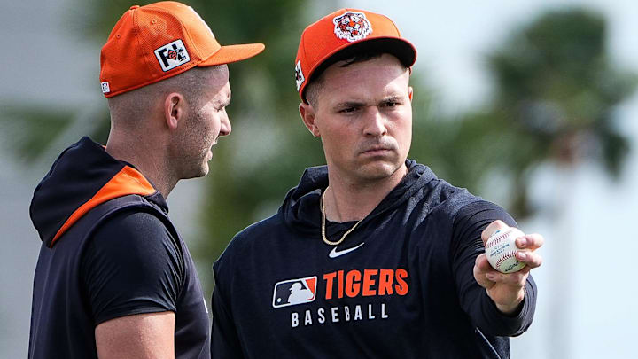 Detroit Tigers pitcher Alex Lange, left, talks to pitcher Tarik Skubal during spring training at TigerTown in Lakeland, Fla. on Sunday, Feb. 16, 2025. Detroit Tigers pitcher Alex Lange, left, talks to pitcher Tarik Skubal during spring training at TigerTown in Lakeland, Fla. on Sunday, Feb. 16, 2025.