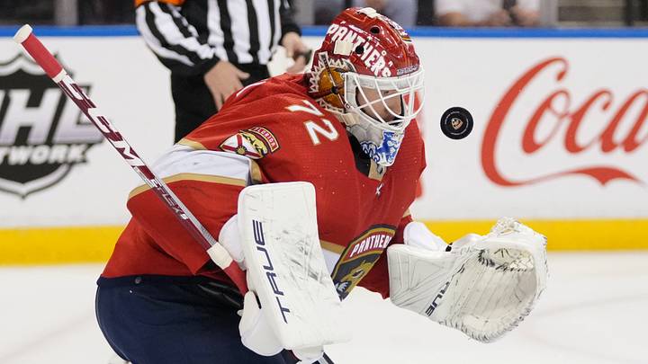 Jan 4, 2022; Sunrise, Florida, USA; Florida Panthers goaltender Sergei Bobrovsky (72) blocks a shot against the Calgary Flames during the first period at FLA Live Arena. Mandatory Credit: Jasen Vinlove-USA TODAY Sports Jan 4, 2022; Sunrise, Florida, USA; Florida Panthers goaltender Sergei Bobrovsky (72) blocks a shot against the Calgary Flames during the first period at FLA Live Arena. Mandatory Credit: Jasen Vinlove-USA TODAY Sports