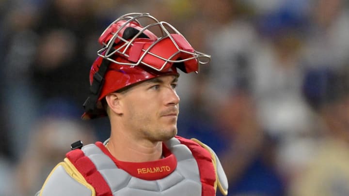 Sep 17, 2025; Los Angeles, California, USA;   Philadelphia Phillies catcher J.T. Realmuto (10) behind the plate against the Los Angeles Dodgers at Dodger Stadium. Mandatory Credit: Jayne Kamin-Oncea-Imagn Images