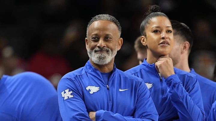 Mar 6, 2026; Greenville, SC, USA; Kentucky Wildcats head coach Kenny Brooks during the first half against the South Carolina Gamecocks at Bon Secours Wellness Arena. Mandatory Credit: Jim Dedmon-Imagn Images