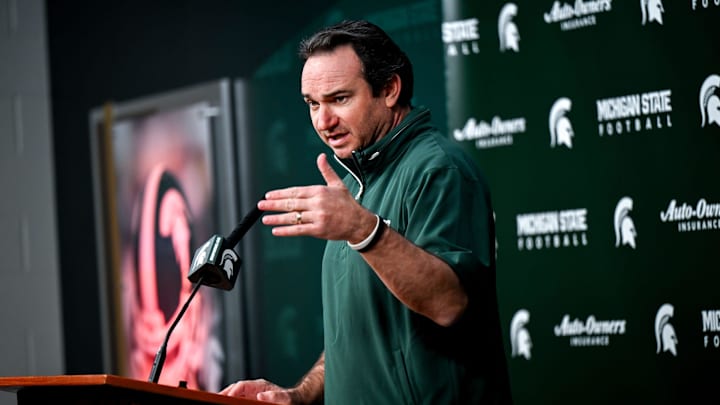 Michigan State coach Jonathan Smith talks the media on the first national signing day for college football recruits Wednesday, Dec. 4, 2024, at Spartan Stadium in East Lansing.