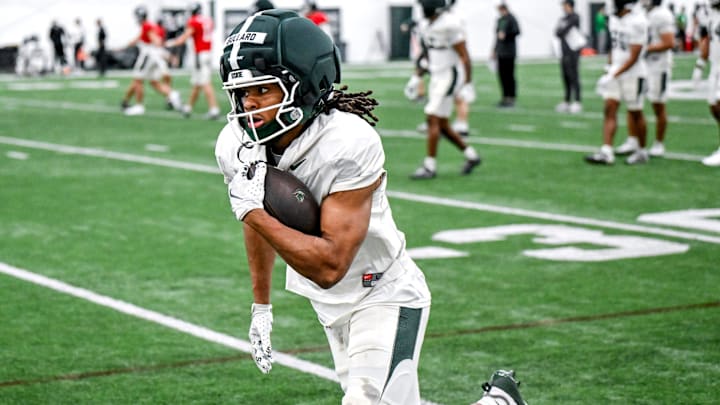 Michigan State's Rodney Bullard Jr. runs after a catch during spring football practice on Tuesday, March 24, 2026, in East Lansing.