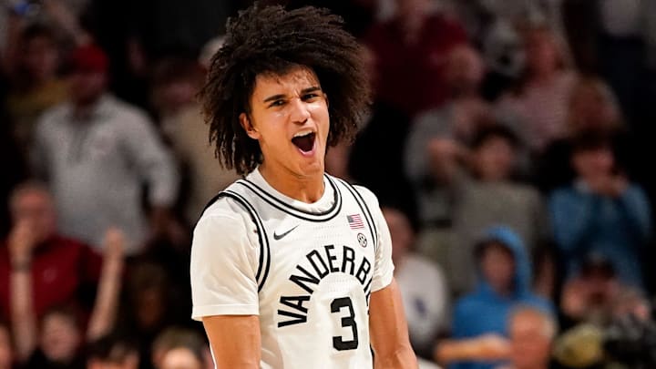 Vanderbilt guard Tyler Tanner (3) reacts after defeating Alabama at Memorial Gymnasium in Nashville, Tenn., Wednesday, Jan. 7, 2026. Vanderbilt guard Tyler Tanner (3) reacts after defeating Alabama at Memorial Gymnasium in Nashville, Tenn., Wednesday, Jan. 7, 2026.