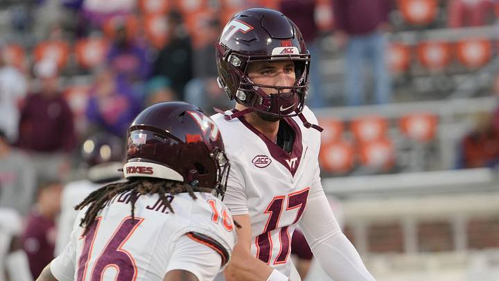 Virginia Tech Hokies quarterback Ethan Grunkemeyer (17) during warmups with running back Jeffrey Overton, Jr. (16) before kickoff with Clemson and Virginia Tech on Oc.t 24, 22026.