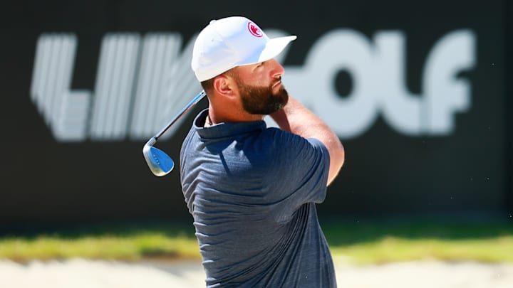 Jon Rahm hits a shot during the first round of the 2025 LIV Golf Invitational-Mayakoba 