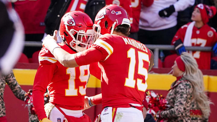 Kansas City Chiefs wide receiver Kadarius Toney (19) and quarterback Patrick Mahomes.