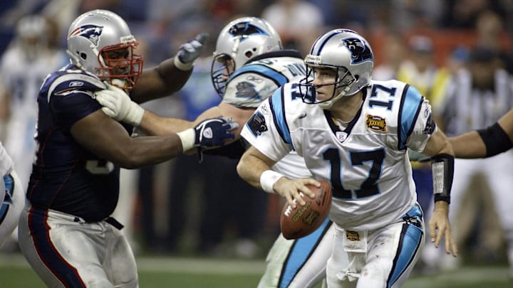 Feb 1, 2004; Houston, TX, USA; FILE PHOTO; Carolina Panthers quarterback Jake Delhomme (17) in action against the New England Patriots during Super Bowl XXXVIII at Reliant Stadium. The Patriots defeated the Panthers 32-29. Mandatory Credit: MPS-Imagn Images