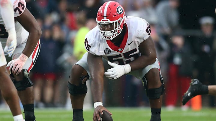 Nov 9, 2024; Oxford, Mississippi, USA; Georgia Bulldogs offensive lineman Jared Wilson (55) prepares to snap the ball during the first half against the Mississippi Rebels at Vaught-Hemingway Stadium. Nov 9, 2024; Oxford, Mississippi, USA; Georgia Bulldogs offensive lineman Jared Wilson (55) prepares to snap the ball during the first half against the Mississippi Rebels at Vaught-Hemingway Stadium.