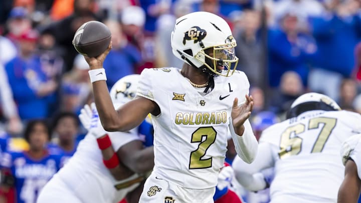 Nov 23, 2024; Kansas City, Missouri, USA;  Colorado quarterback Shedeur Sanders (2) passes the ball during the 2nd quarter between the Kansas Jayhawks and the Colorado Buffaloes at GEHA Field at Arrowhead Stadium. Mandatory Credit: Nick Tre. Smith-Imagn Images