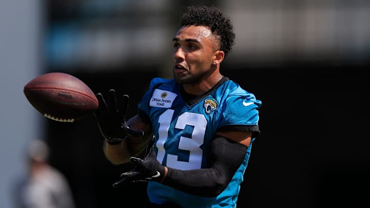 Jacksonville Jaguars wide receiver Christian Kirk (13) catches a pass during an organized team activity Tuesday, May 28, 2024 at EverBank Stadium’s Miller Electric Center in Jacksonville, Fla.