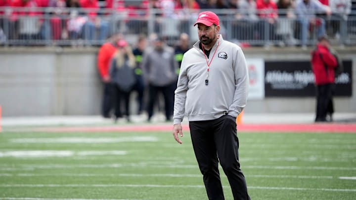 Ohio State Buckeye head coach Ryan Day watches his team in the 2nd half during the spring game at Ohio Stadium on April 12, 2025.