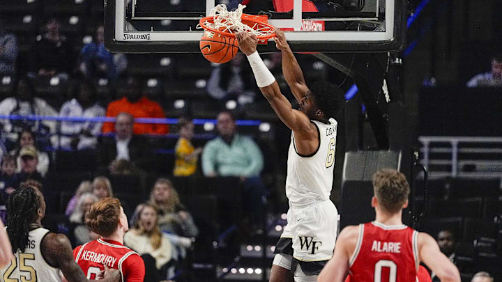 Nov 28, 2025; Winston-Salem, North Carolina, USA; Wake Forest Demon Deacons guard Myles Colvin (6) with a slam dunk against the Northeastern Huskies during the second half at Lawrence Joel Veterans Memorial Coliseum. Mandatory Credit: Jim Dedmon-Imagn Images Nov 28, 2025; Winston-Salem, North Carolina, USA; Wake Forest Demon Deacons guard Myles Colvin (6) with a slam dunk against the Northeastern Huskies during the second half at Lawrence Joel Veterans Memorial Coliseum. Mandatory Credit: Jim Dedmon-Imagn Images