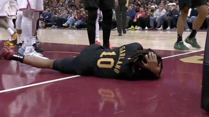 Darius Garland reacts to a fall against the New York Knicks. Darius Garland reacts to a fall against the New York Knicks.
