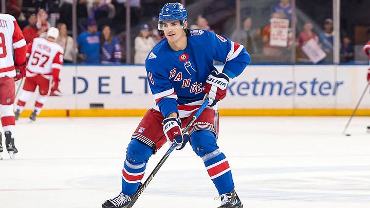 Apr 4, 2026; New York, New York, USA; New York Rangers defenseman Braden Schneider (4) warms up before the first period against the Detroit Red Wings at Madison Square Garden. Apr 4, 2026; New York, New York, USA; New York Rangers defenseman Braden Schneider (4) warms up before the first period against the Detroit Red Wings at Madison Square Garden.