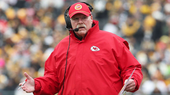 Dec 25, 2024; Pittsburgh, Pennsylvania, USA;  Kansas City Chiefs head coach Andy Reid reacts to an officials penalty on the Chiefs against the Pittsburgh Steelers during the first quarter at Acrisure Stadium. Mandatory Credit: Charles LeClaire-Imagn Images