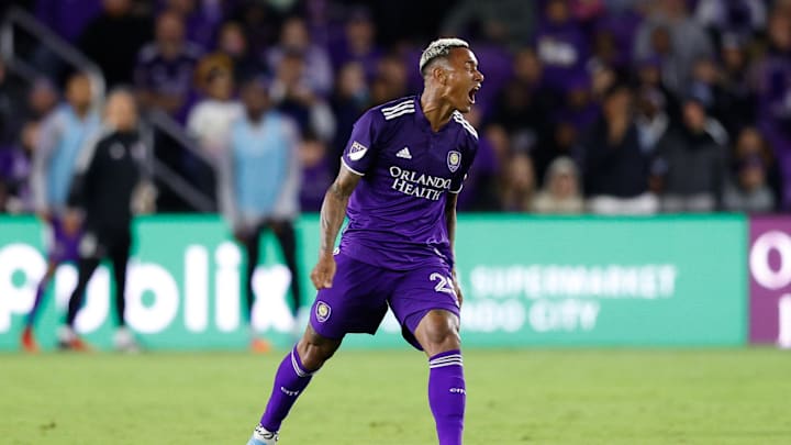 Mar 12, 2022; Orlando, Florida, USA;  Orlando City defender Antonio Carlos (25) reacts after a