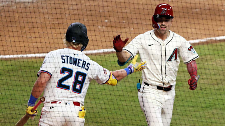 Jul 15, 2025; Cumberland, Georgia, USA; National League outfielder Corbin Carroll (7) of the Arizona Diamondbacks celebrates after hitting a home run during the seventh inning during the 2025 MLB All Star Game at Truist Park. Mandatory Credit: Jordan Godfree-Imagn Images Jul 15, 2025; Cumberland, Georgia, USA; National League outfielder Corbin Carroll (7) of the Arizona Diamondbacks celebrates after hitting a home run during the seventh inning during the 2025 MLB All Star Game at Truist Park. Mandatory Credit: Jordan Godfree-Imagn Images