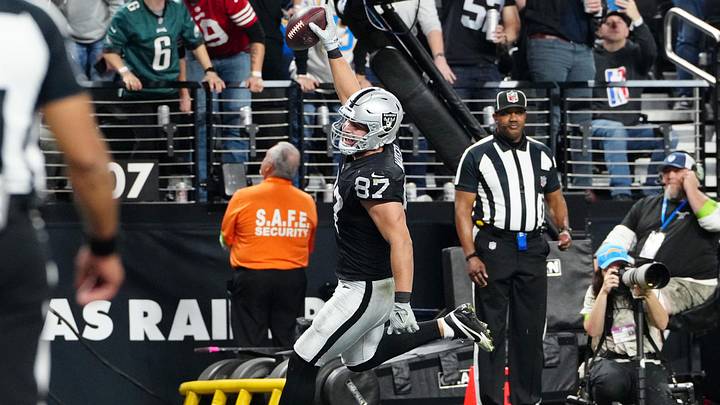 Dec 14, 2023; Paradise, Nevada, USA; Las Vegas Raiders tight end Michael Mayer (87) celebrates as he