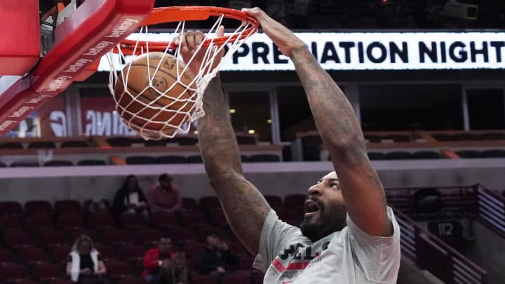 Apr 9, 2024; Chicago, Illinois, USA; Chicago Bulls center Andre Drummond (3) warms up before the game against the New York Knicks at United Center. Mandatory Credit: David Banks-USA TODAY Sports