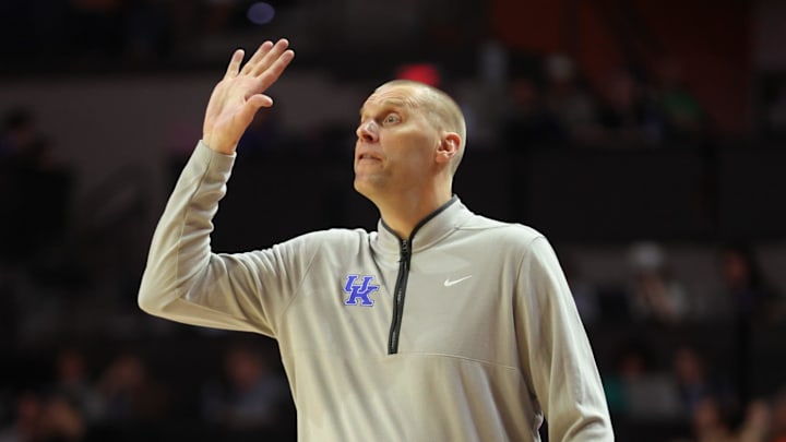 Kentucky head coach Mark Pope reacts during the first half of a NCAA mens basketball game at Steven C. O'Connell Center Exactek arena in Gainesville, FL on Saturday, February 14, 2026. [Alan Youngblood/Gainesville Sun]