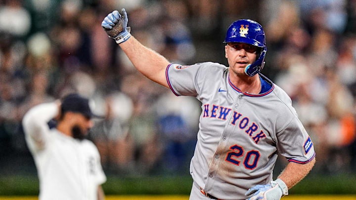 New York Mets first base Pete Alonso (20) celebrates a solo home run against Detroit Tigers during the seventh inning at Comerica Park in Detroit on Tuesday, September 2, 2025.