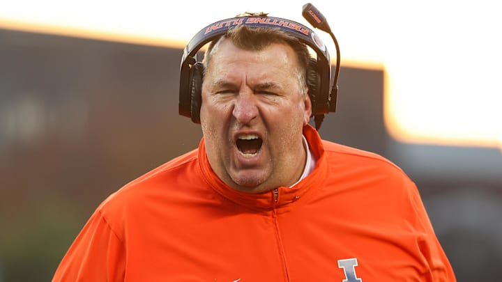 Nov 4, 2023; Minneapolis, Minnesota, USA; Illinois Fighting Illini head coach Bret Bielema reacts to a holding call during the second half against the Minnesota Golden Gophers at Huntington Bank Stadium. Mandatory Credit: Matt Krohn-Imagn Images Nov 4, 2023; Minneapolis, Minnesota, USA; Illinois Fighting Illini head coach Bret Bielema reacts to a holding call during the second half against the Minnesota Golden Gophers at Huntington Bank Stadium. Mandatory Credit: Matt Krohn-Imagn Images