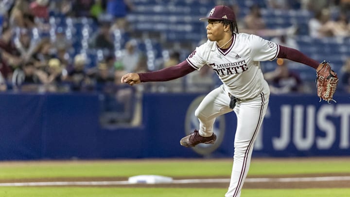 Mississippi State pitcher Jurrangelo Cijntje throws against Vanderbilt in an SEC Tournament  game May 23, 2024, at Hoover Metropolitan Stadium.