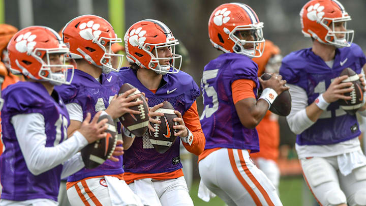 Clemson quarterback Cade Klubnik (2), middle, with quarterbacks in a passing drill during the football practice at the Allen N. Reeves Football Complex at Clemson University in Clemson, S.C. Wednesday, March 5, 2025.
