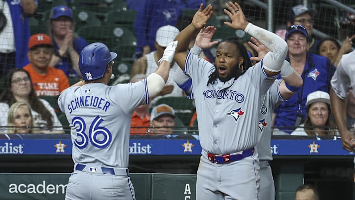 Apr 2, 2024; Houston, Texas, USA; Toronto Blue Jays left fielder Davis Schneider (36) celebrates